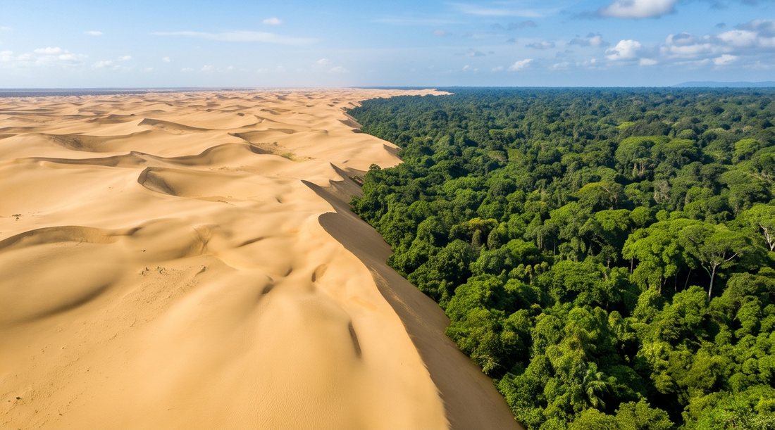 Aerial view where desert dunes meet dense green jungle