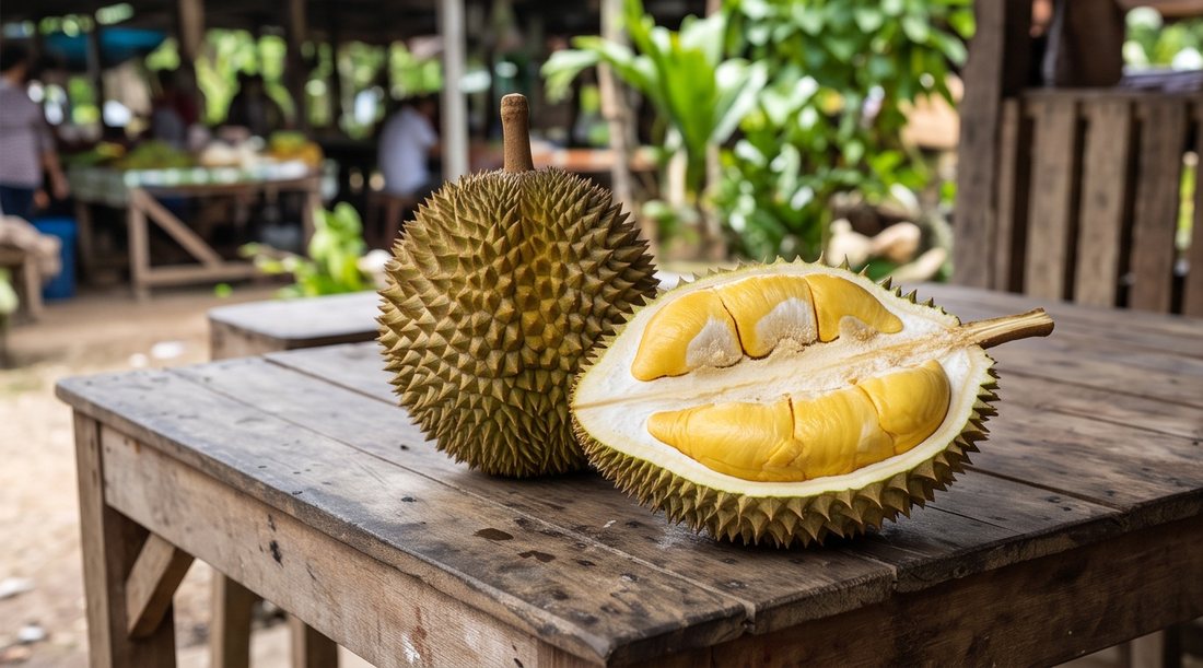 A whole durian and an opened durian on a wooden market table