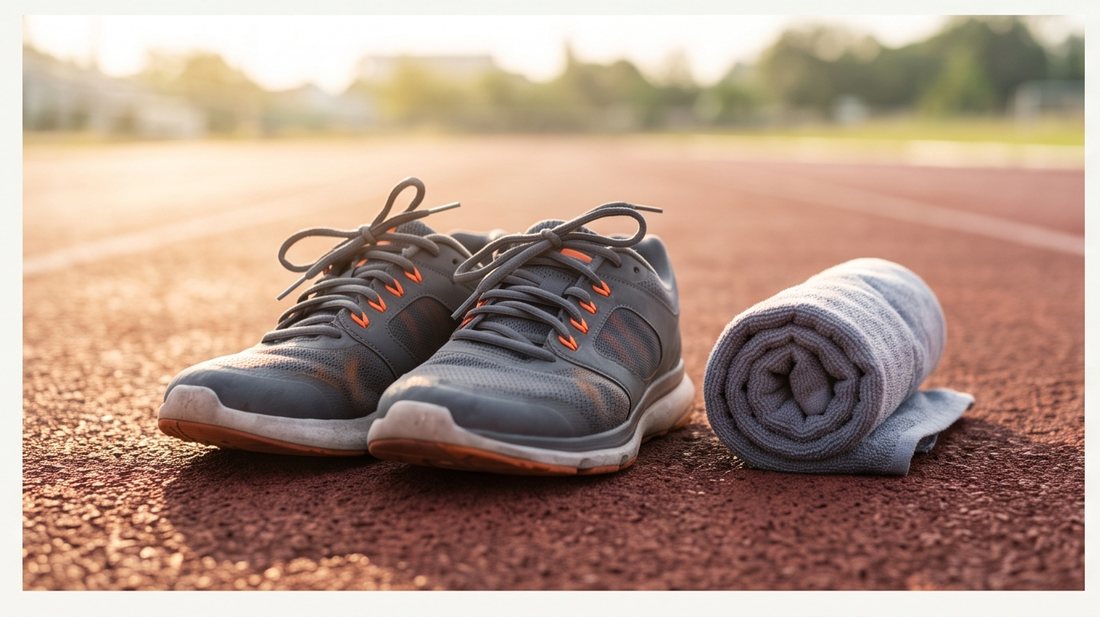 Running shoes and a rolled towel on a sunlit outdoor track