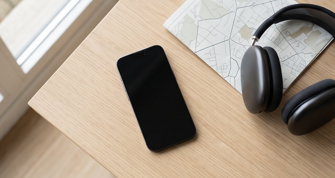 A smartphone, a paper map and headphones on a wooden desk