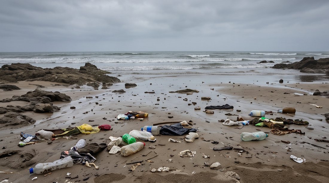 Plastic bottles and bags washed up along a shoreline