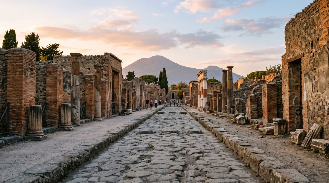Ancient Pompeii ruins with Mount Vesuvius in the background