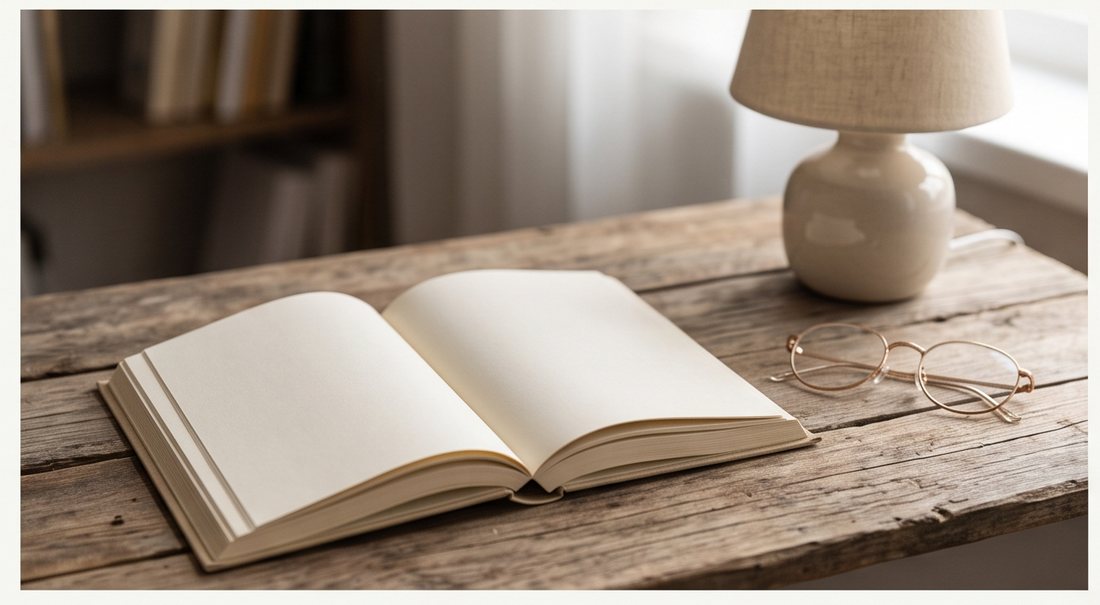 Open book, reading glasses and a warm lamp on a wooden desk