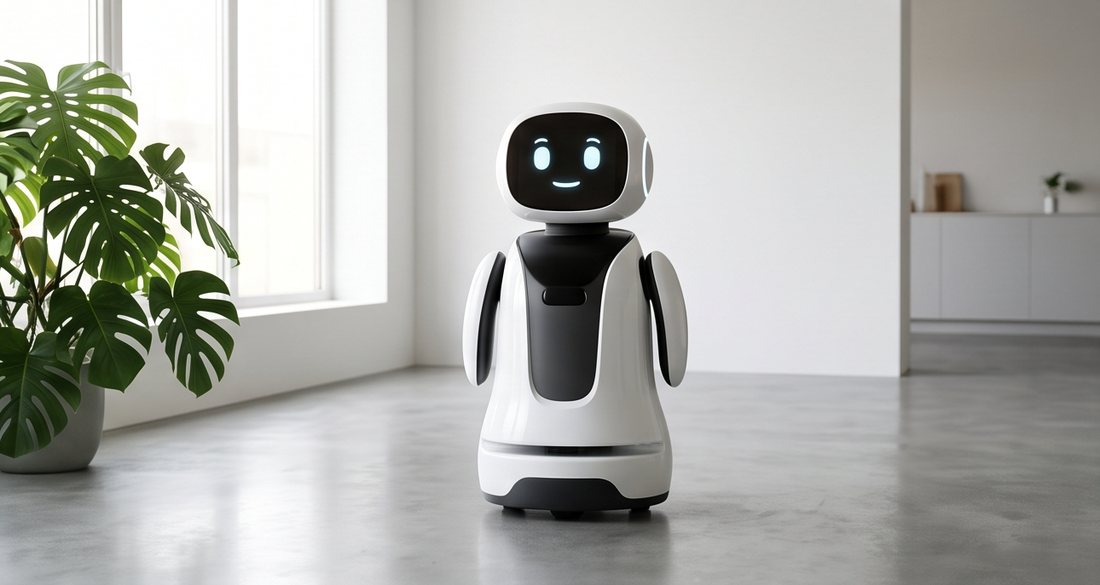 A modern white service robot in a bright minimal room