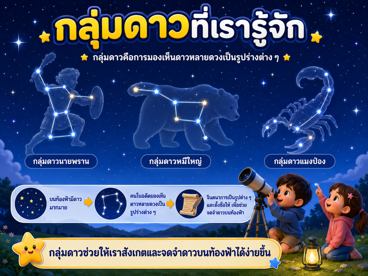 กลุ่มดาวที่เรารู้จัก เช่น กลุ่มดาวนายพราน กลุ่มดาวหมีใหญ่ และกลุ่มดาวแมงป่อง