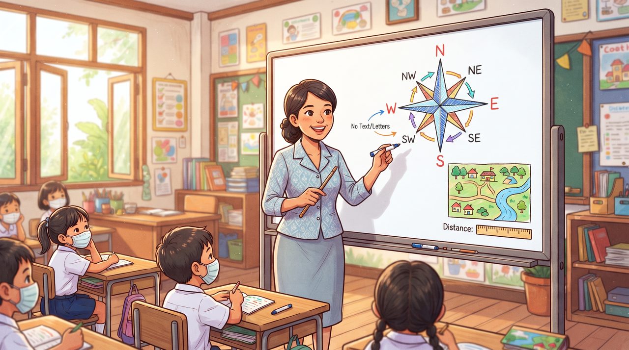 ครูสอนทิศและมาตราส่วนจากเข็มทิศและแผนที่