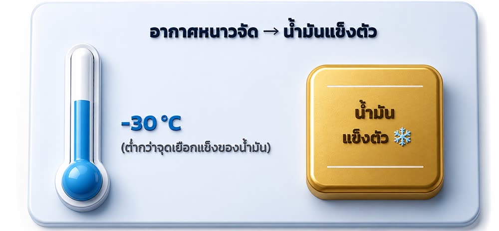 อากาศหนาวจัด -30°C ต่ำกว่าจุดเยือกแข็งของน้ำมัน → น้ำมันแข็งตัว