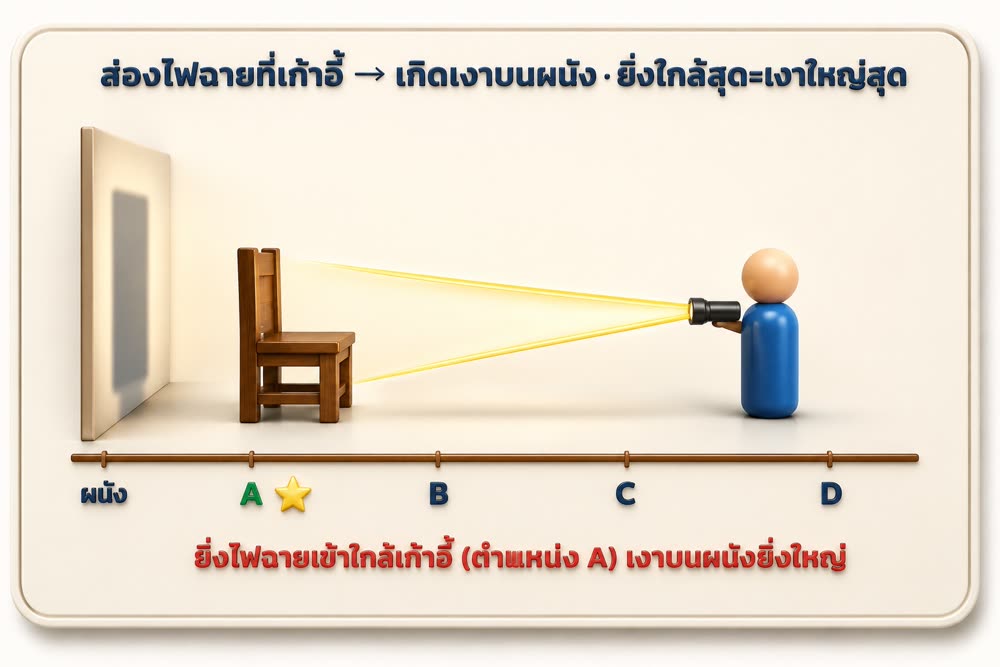 เฉลย: ยืนตำแหน่ง A (ใกล้เก้าอี้ที่สุด) เงาบนผนังใหญ่ที่สุด