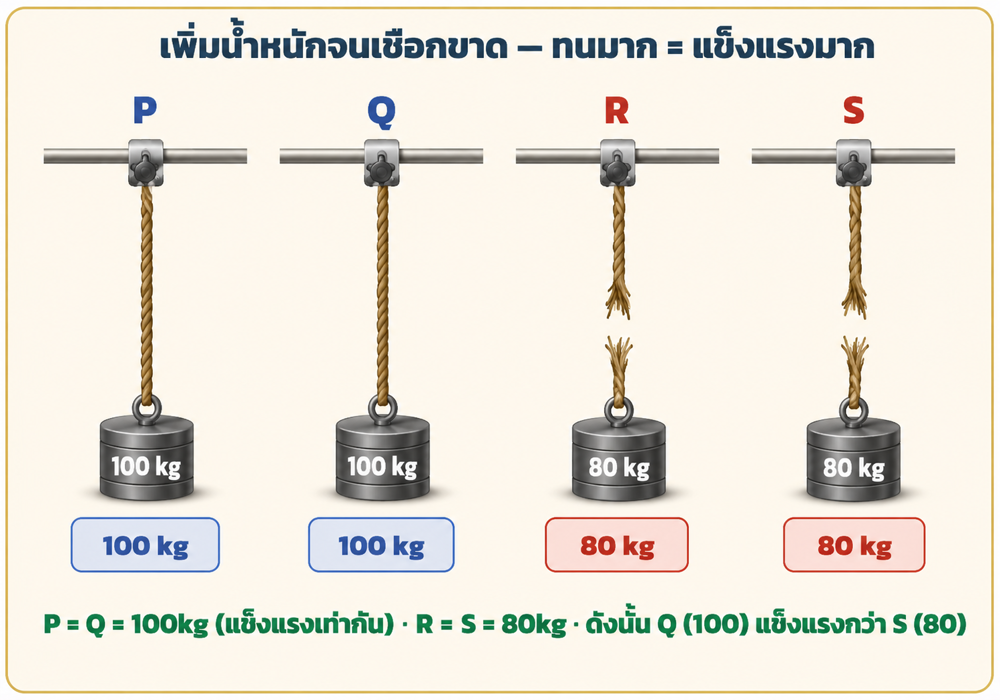 เชือก P Q R S เฉลย Q แข็งแรงกว่า S