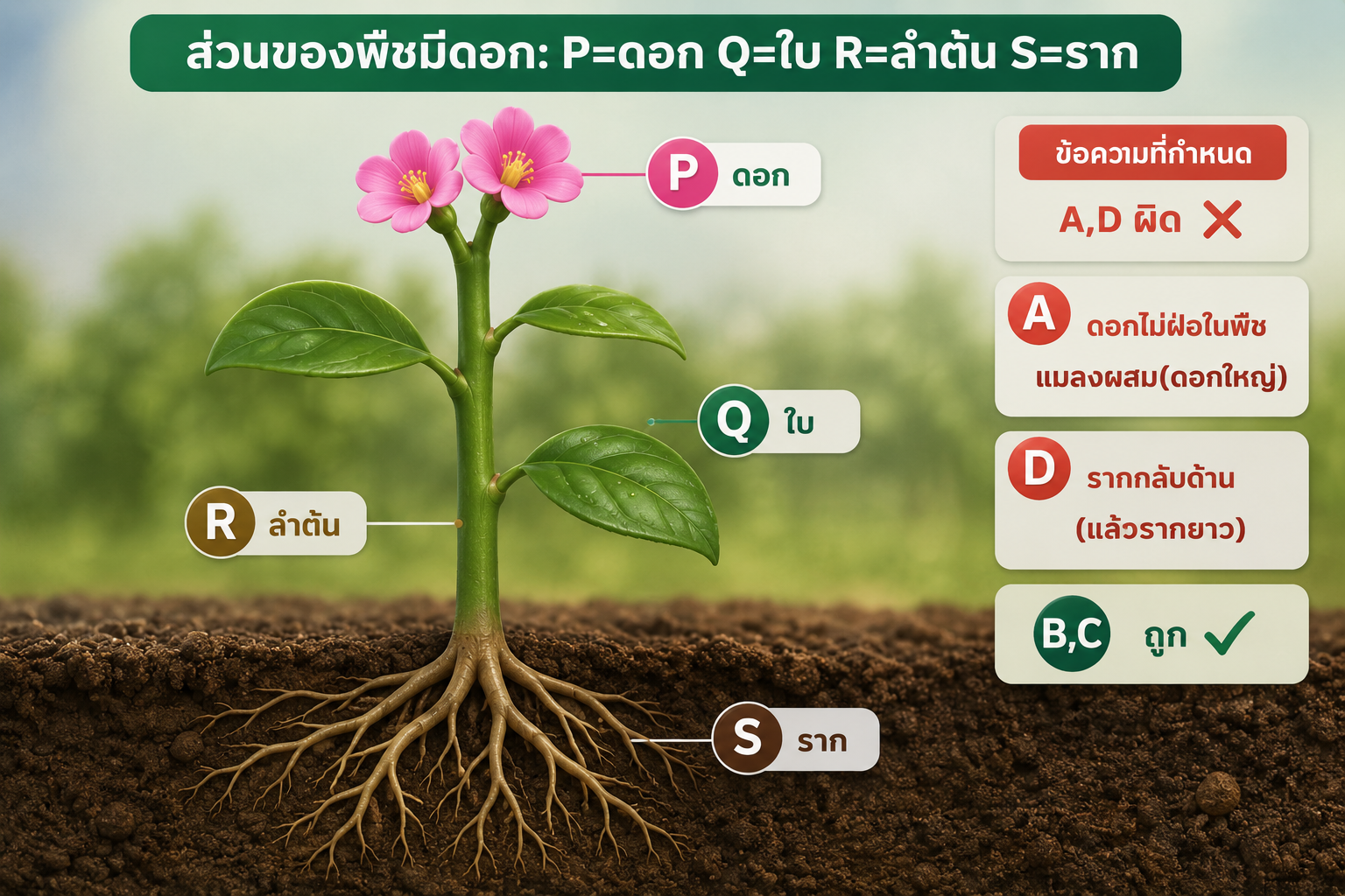 ส่วนของพืชมีดอก เฉลย A,D ผิด B,C ถูก