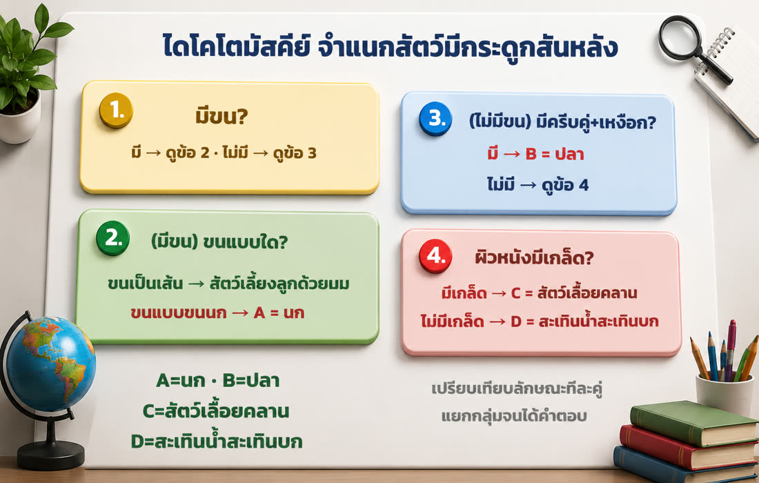 แผนภาพเฉลย: ไดโคโตมัสคีย์จำแนกสัตว์มีกระดูกสันหลัง A=นก B=ปลา C=สัตว์เลื้อยคลาน D=สะเทินน้ำสะเทินบก