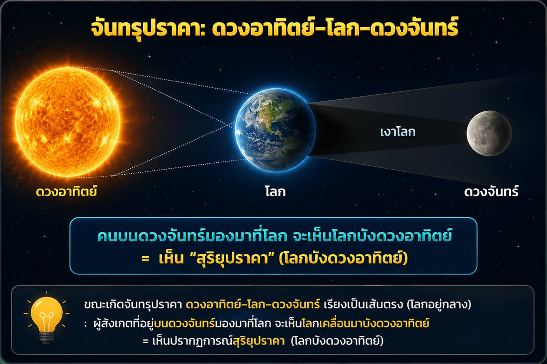 แผนภาพเฉลย: จันทรุปราคา ดวงอาทิตย์-โลก-ดวงจันทร์เรียงตรง คนบนดวงจันทร์มองมาที่โลกเห็นโลกบังดวงอาทิตย์ = สุริยุปราคา