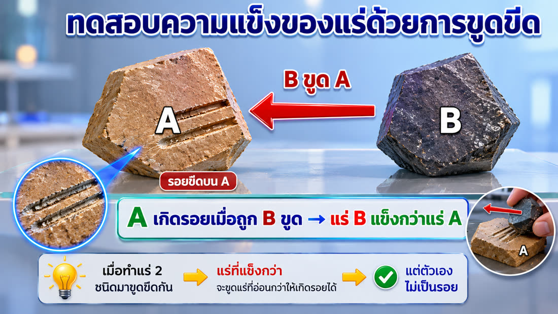 แผนภาพเฉลย: ทดสอบความแข็งของแร่ด้วยการขูด B ขูด A แล้ว A เกิดรอย แสดงว่าแร่ B แข็งกว่าแร่ A