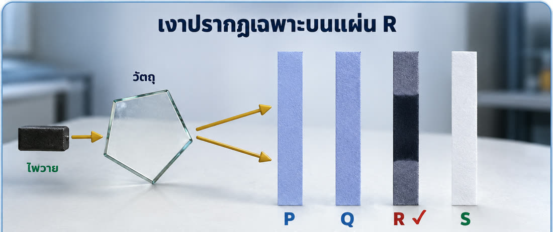 แผนภาพเฉลย: ไฟฉายส่องผ่านวัตถุไปยังแผ่น P Q R S — เงาปรากฏเฉพาะบนแผ่น R
