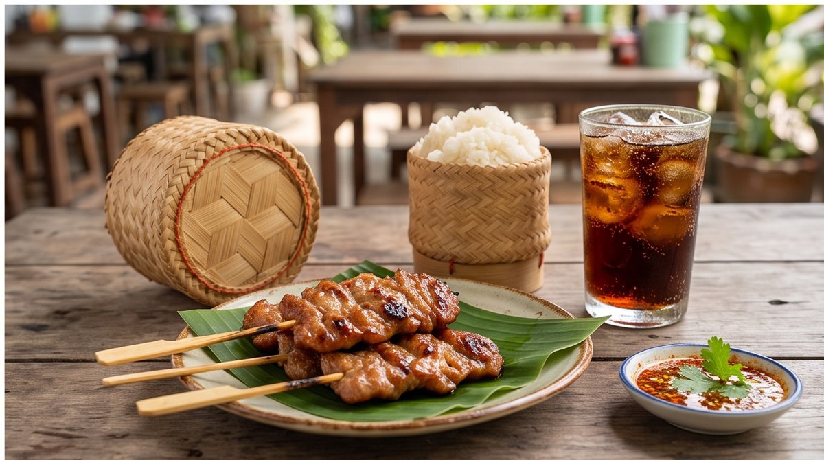 ข้าวเหนียวหมูปิ้งกับน้ำอัดลมหนึ่งแก้ววางบนโต๊ะ