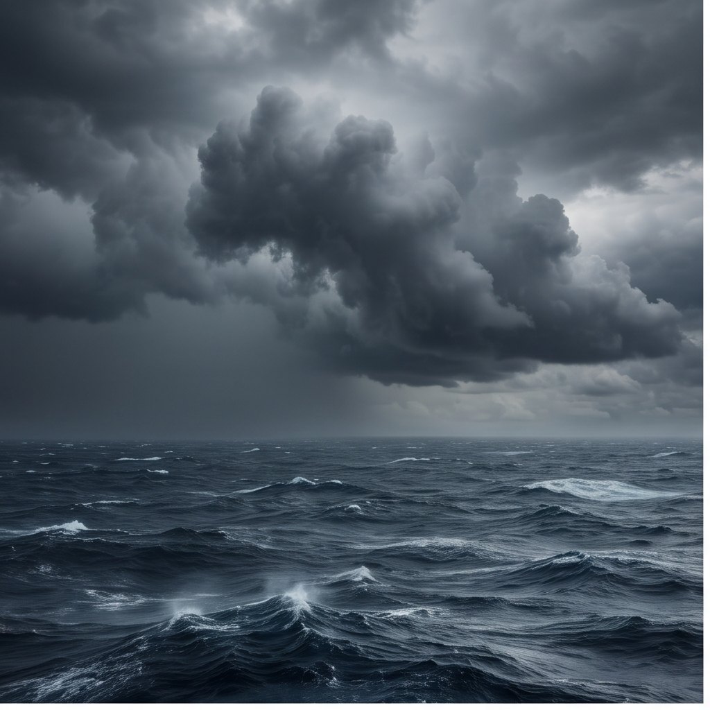 ทะเลมีคลื่นและเมฆฝนสีเทาเข้มปกคลุมเต็มท้องฟ้า